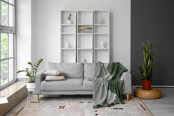 Raf ünitesi ve kanepesi olan modern bir oda.