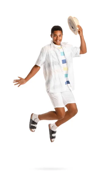 Schöner Springender Afroamerikanischer Kerl Auf Weißem Hintergrund — Stockfoto