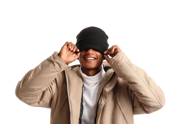 Funny Stylish African American Guy Warm Clothes White Background — Stock Photo, Image