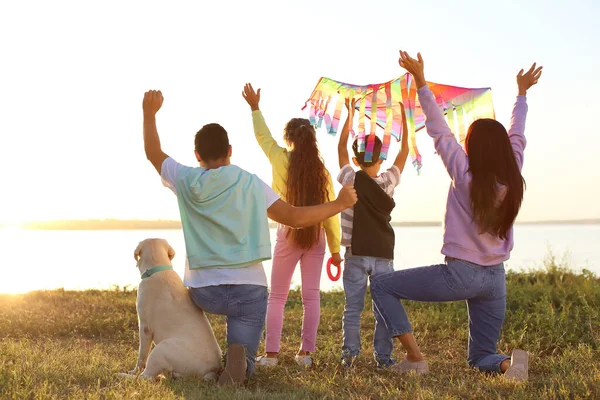 Happy Family Kite Cute Dog River — Stock Photo, Image