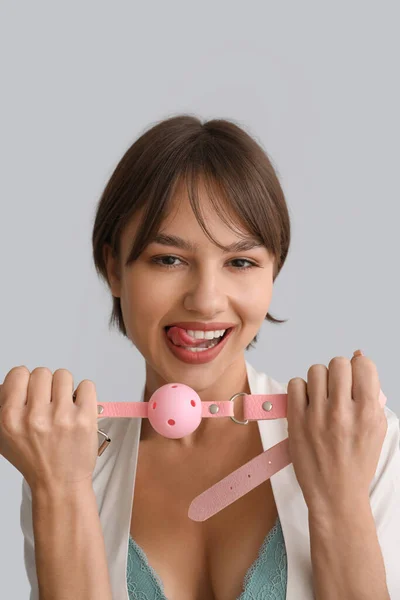 Beautiful Young Woman Mouth Gag Grey Background — Stock Photo, Image