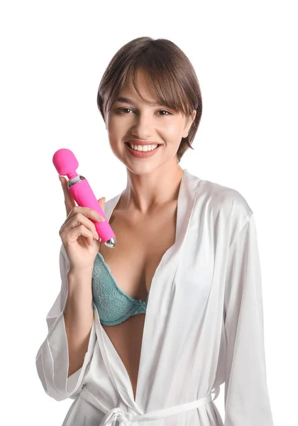 Beautiful Young Woman Vibrator Sex Shop White Background — Stock Photo, Image