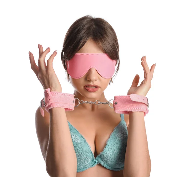Young Woman Handcuffs Mask Sex Shop White Background — Stock Photo, Image