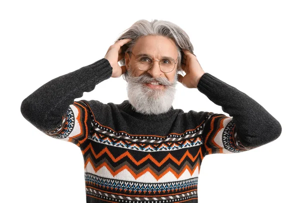 Handsome Senior Man Knitted Sweater White Background — Stock Photo, Image