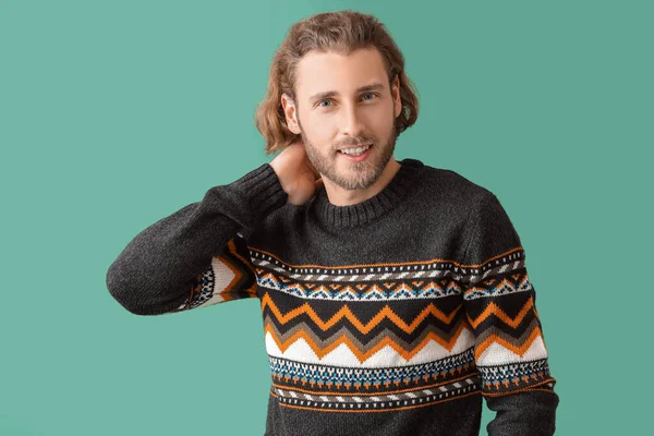 Handsome Young Man Knitted Sweater Color Background — Stock Photo, Image