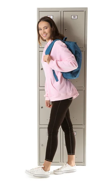 Beautiful Female Student Locker White Background — Stock Photo, Image
