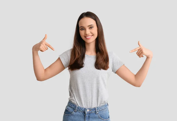 Pretty Young Woman Stylish Shirt Light Background — Stock Photo, Image
