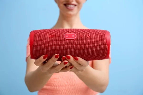 Woman Holding Wireless Portable Speaker Blue Background Closeup — Stock Photo, Image