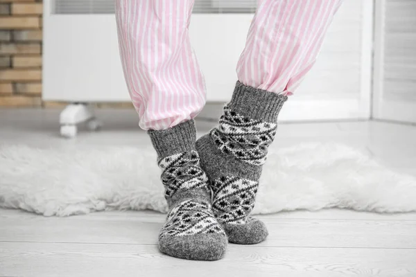 Woman Warm Socks Electric Heater Home Concept Heating Season — Stock Photo, Image