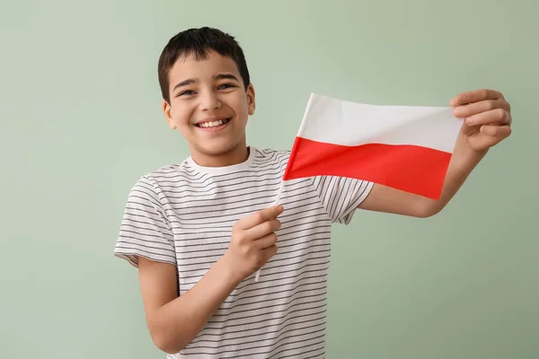 Joyeux Petit Garçon Avec Drapeau Pologne Sur Fond Vert — Photo