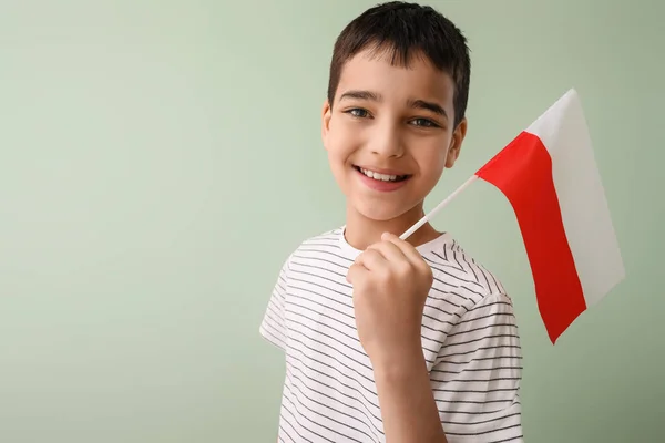 Ευτυχισμένο Μικρό Αγόρι Σημαία Της Πολωνίας Στο Πράσινο Φόντο — Φωτογραφία Αρχείου