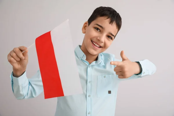 Gelukkige Kleine Jongen Met Vlag Van Polen Tonen Duim Lichte — Stockfoto