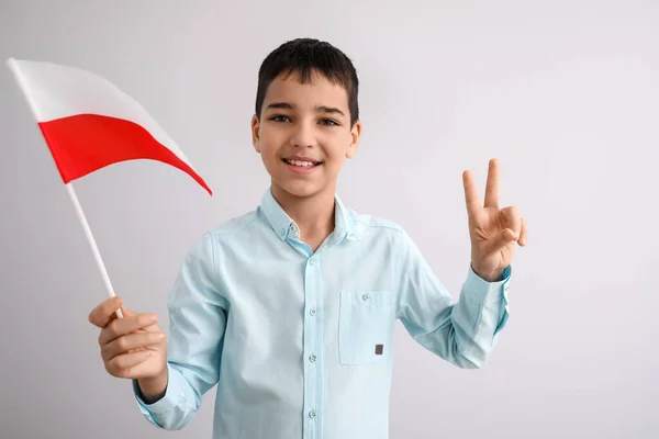 Ευτυχισμένο Μικρό Αγόρι Σημαία Της Πολωνίας Δείχνει Χειρονομία Νίκης Στο — Φωτογραφία Αρχείου