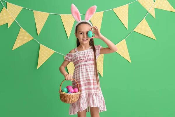 Little Girl Bunny Ears Basket Closing Eye Easter Egg Green — Stock Photo, Image