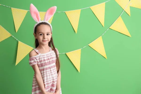 Little Girl Bunny Ears Green Background — Stock Photo, Image