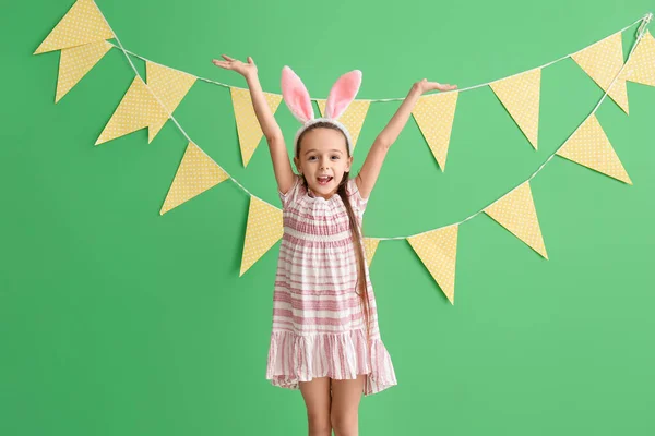 Happy Little Girl Bunny Ears Green Background — Stock Photo, Image