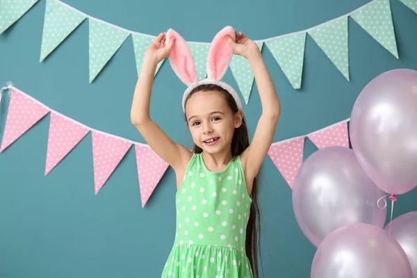 Little Girl Wearing Bunny Ears Blue Background — Stock Photo, Image