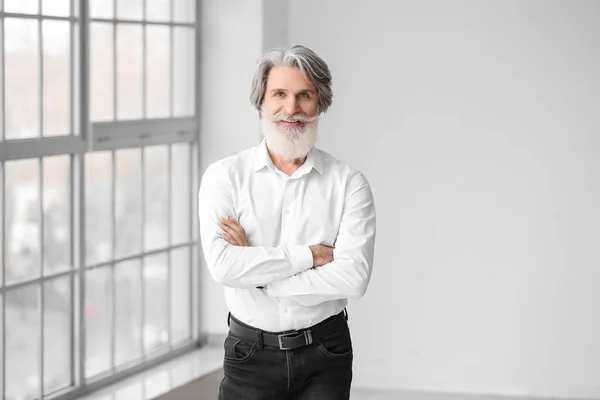 Retrato Homem Barbudo Maduro Bonito Casa — Fotografia de Stock