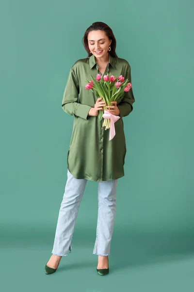 Happy Young Woman Bouquet Tulips Green Background International Women Day — Stock Photo, Image