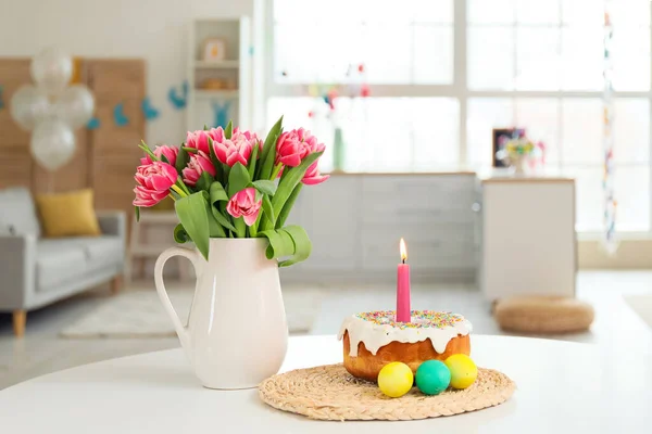 Easter Cake Burning Candle Eggs Vase Tulips Dining Table Kitchen — Stock Photo, Image