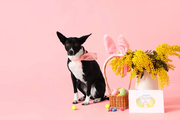 부활절 달걀을 곁들인 귀여운 분홍색 꽃병에 카드와 미모사 — 스톡 사진