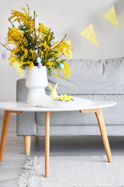 Vase Mimosa Flowers Easter Eggs Decor Table Living Room — Stock Photo, Image