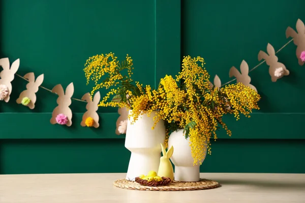 Vases Mimosa Flowers Easter Eggs Decor Dining Table Green Wall — Stock Photo, Image