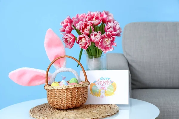 Carte Vœux Avec Texte Happy Easter Oeufs Tulipes Dans Vase — Photo