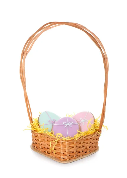 Wicker Basket Easter Cookies Shape Eggs Light Background — Stock Photo, Image