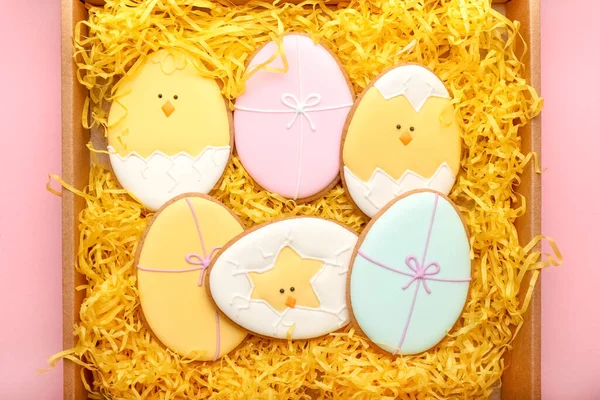 Cardboard Box Easter Cookies Color Background Closeup — Stock Photo, Image