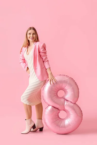 Beautiful Woman Big Balloon Shape Figure Pink Background International Women — Stock Photo, Image