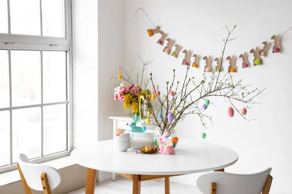 Dishware Tree Branches Decorated Easter Eggs Dining Table Light Room — Stock Photo, Image