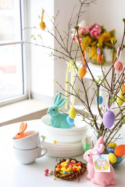 Tree Branches Decorated Easter Eggs Dishware Dining Table — Stock Photo, Image