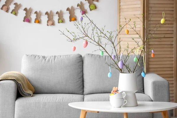 Tree Branches Decorated Easter Eggs Vase Table Sofa — Stock Photo, Image