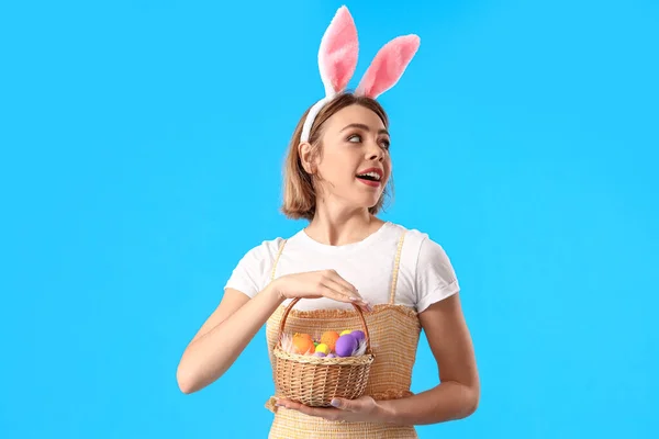 Beautiful Young Woman Bunny Ears Easter Basket Blue Background — Stock Photo, Image