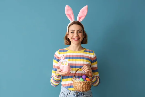 Beautiful Young Woman Bunny Ears Toy Rabbit Easter Basket Blue — Stock Photo, Image