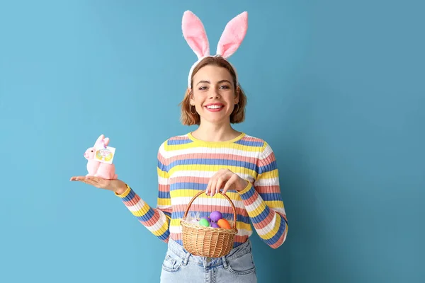 Beautiful Young Woman Bunny Ears Toy Rabbit Easter Basket Blue — Stock Photo, Image