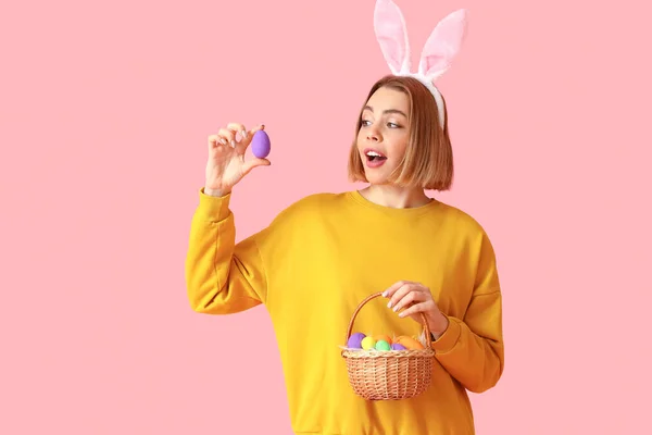 Beautiful Young Woman Bunny Ears Easter Basket Pink Background — Stock Photo, Image