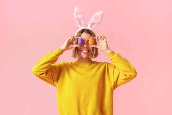 Funny Young Woman Bunny Ears Easter Eggs Pink Background — Stock Photo, Image