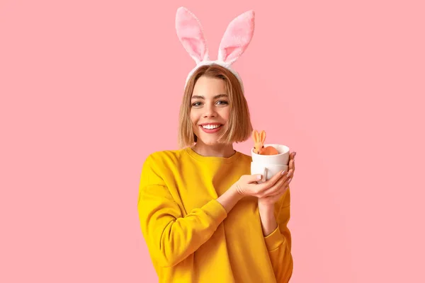 Beautiful Young Woman Bunny Ears Toy Rabbit Pink Background Easter — Stock Photo, Image