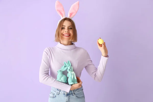 Beautiful Young Woman Bunny Ears Toy Rabbits Easter Egg Color — Stock Photo, Image
