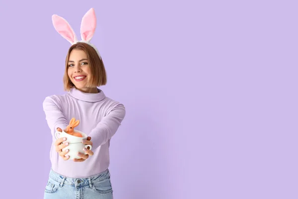 Beautiful Young Woman Bunny Ears Toy Rabbit Color Background Easter — Stock Photo, Image