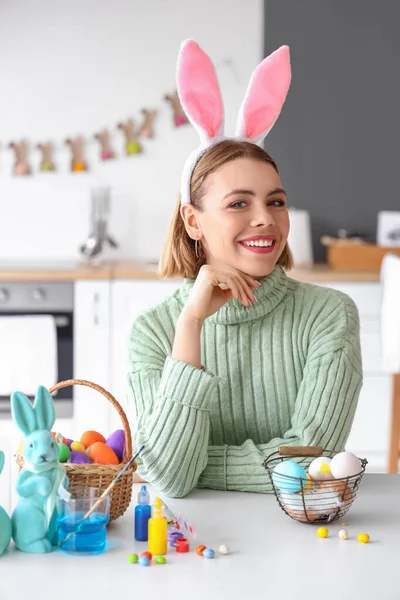 Beautiful Woman Bunny Ears Easter Eggs Home — Stock Photo, Image