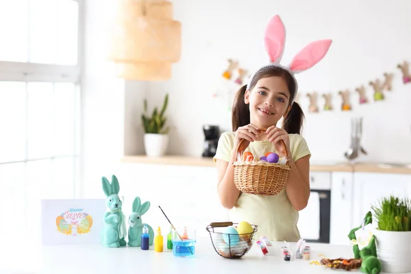 Funny Little Girl Bunny Ears Easter Basket Home — Stock Photo, Image