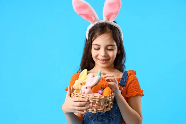 Cute Little Girl Bunny Ears Easter Basket Blue Background — Stock Photo, Image