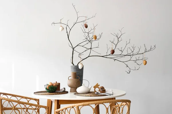 Served Dining Table Tree Branches Easter Eggs Vase — Stock Photo, Image