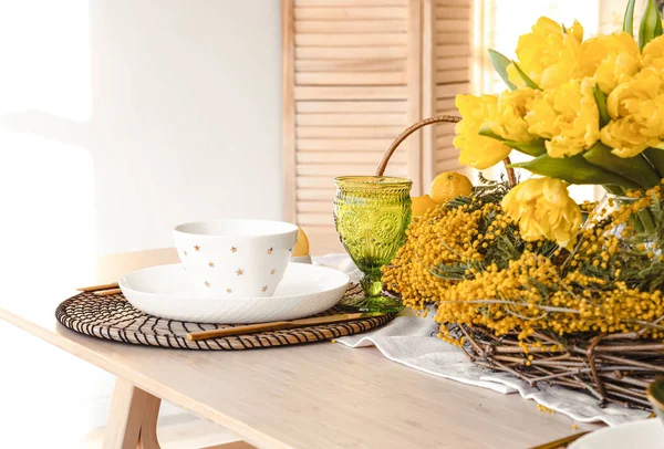 Stylish Dinnerware Beautiful Flowers Table Served Easter Celebration — Stock Photo, Image