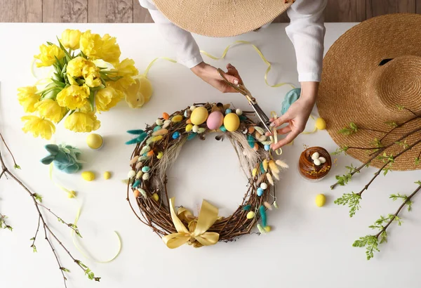 Woman Making Easter Wreath White Table — Stock Photo, Image