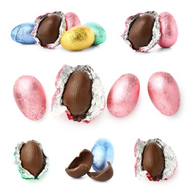 Renkli çikolata seti. Beyaz üzerine izole edilmiş Paskalya yumurtaları.