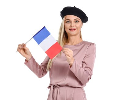 Fransız bayrağı taşıyan güzel bir kadın beyazlar içinde izole edilmiş.